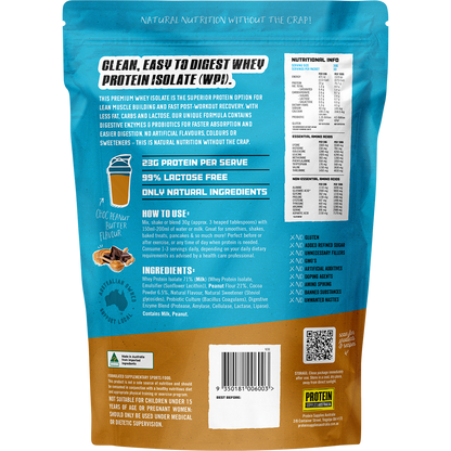 Back of Protein Supplies Australia 1kg Choc Peanut Butter WPI tub showing ingredients and nutritional information.