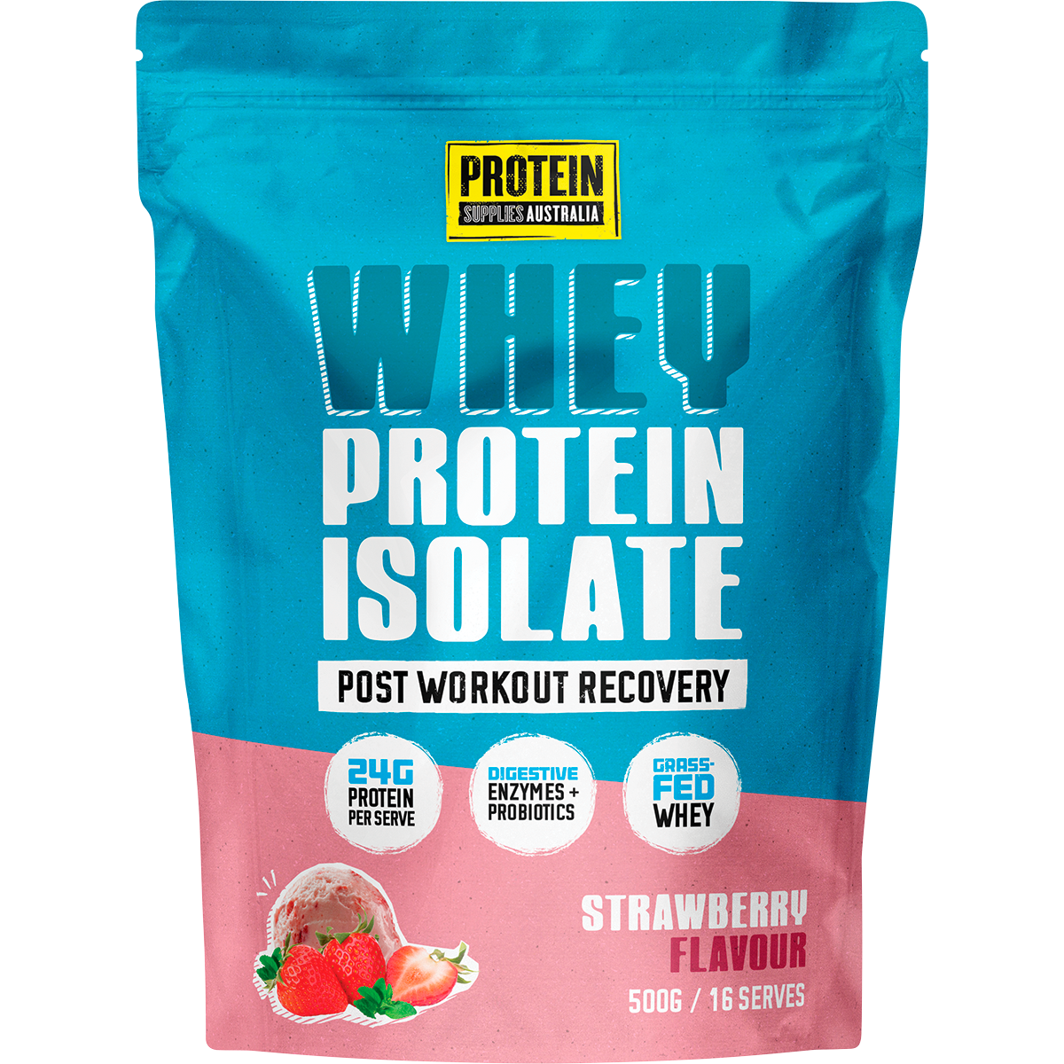 Protein Supplies Australia WPI Whey Protein Isolate Strawberry 500g bag with a strawberry illustration.