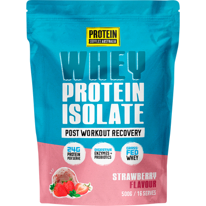 Protein Supplies Australia WPI Whey Protein Isolate Strawberry 500g bag with a strawberry illustration.