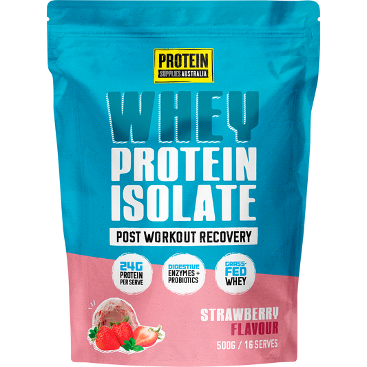Protein Supplies Australia WPI Whey Protein Isolate Strawberry 500g bag with a strawberry illustration.