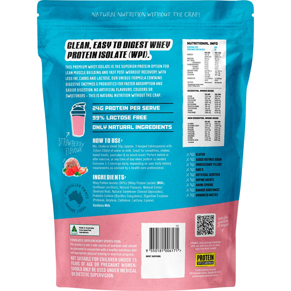 Protein Supplies Australia WPI Whey Protein Isolate Strawberry 500g