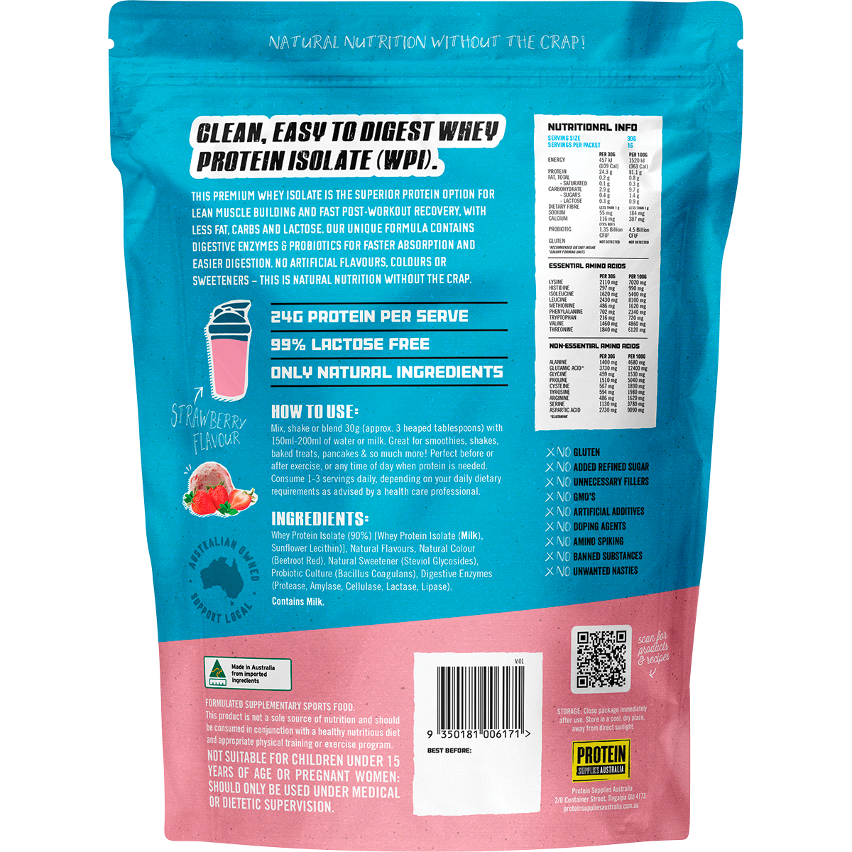 Back of a Protein Supplies Australia WPI Strawberry 500g bag showing nutritional information and ingredients.