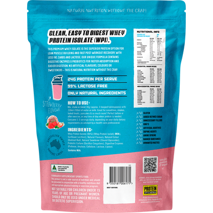 Back of a Protein Supplies Australia WPI Strawberry 500g bag showing nutritional information and ingredients.