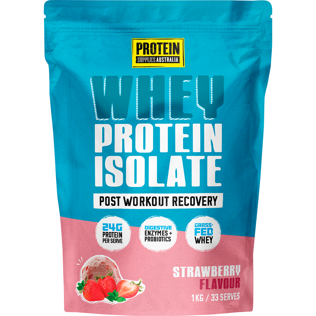 1kg bag of Protein Supplies Australia WPI Whey Protein Isolate in strawberry flavor on a white background.