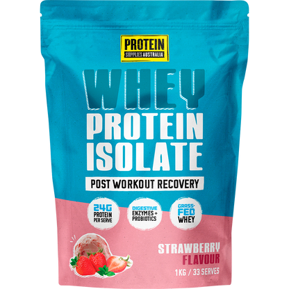 1kg bag of Protein Supplies Australia WPI Whey Protein Isolate in strawberry flavor on a white background.