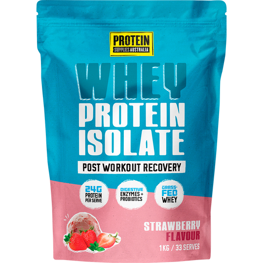 1kg bag of Protein Supplies Australia WPI Whey Protein Isolate in strawberry flavor on a white background.