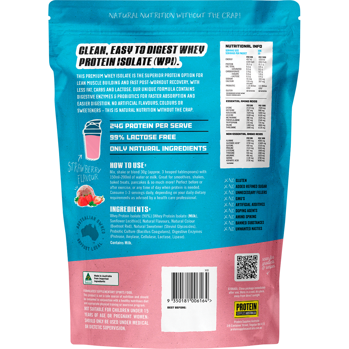 Back of 1kg Protein Supplies Australia Strawberry WPI bag showing nutritional facts and ingredients on a white background.