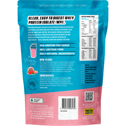 Back of 1kg Protein Supplies Australia Strawberry WPI bag showing nutritional facts and ingredients on a white background.