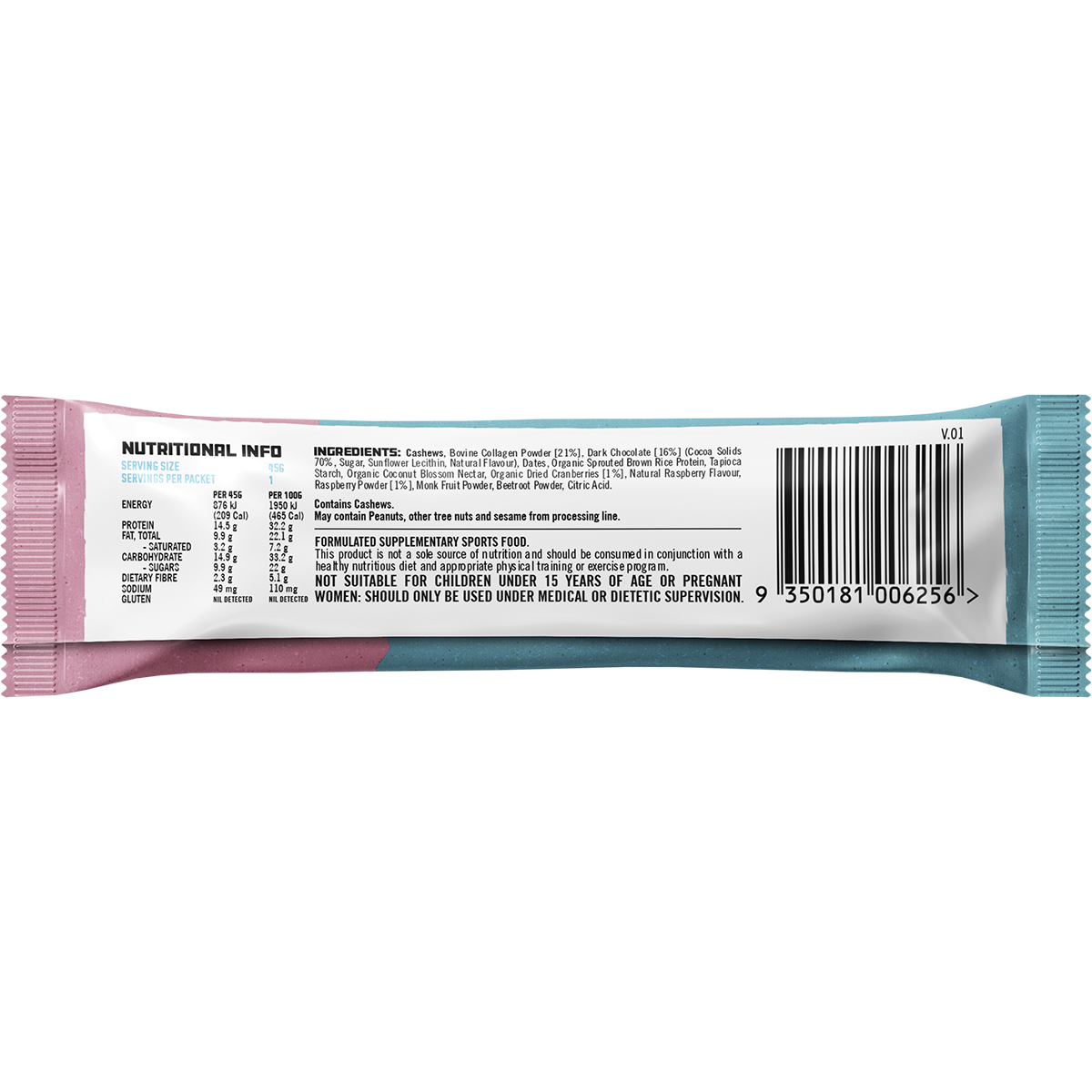 Back of Berry Cheesecake Collagen Protein Bar wrapper with nutrition facts, ingredients, and allergen information.