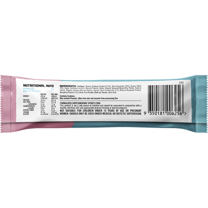 Back of Berry Cheesecake Collagen Protein Bar wrapper with nutrition facts, ingredients, and allergen information.