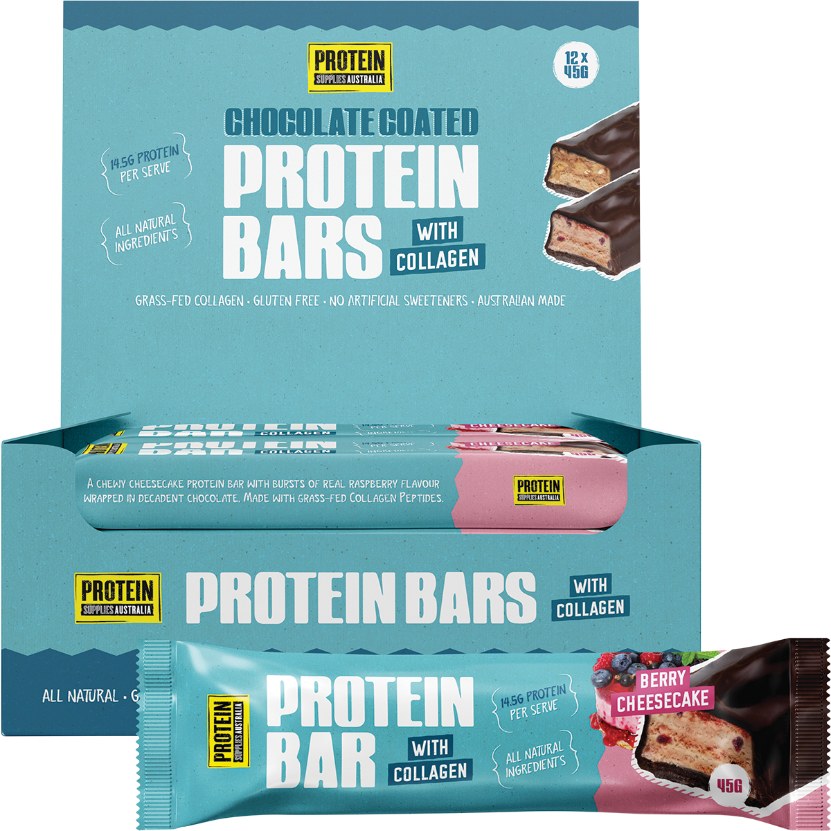 Protein Supplies Australia Berry Cheesecake collagen protein bar and 12-pack display box.