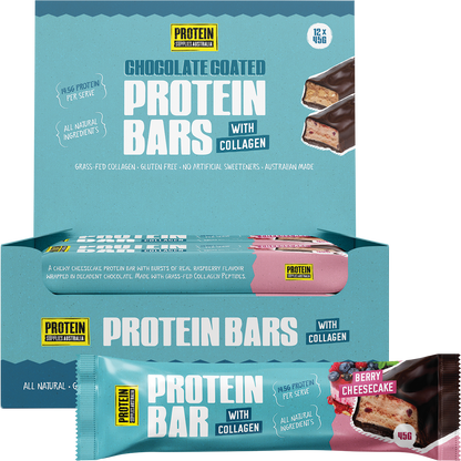Protein Supplies Australia Berry Cheesecake collagen protein bar and 12-pack display box.