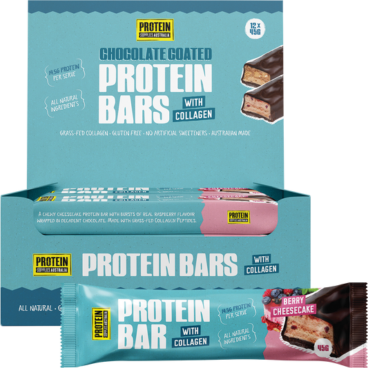 Protein Supplies Australia Berry Cheesecake collagen protein bar and 12-pack display box.
