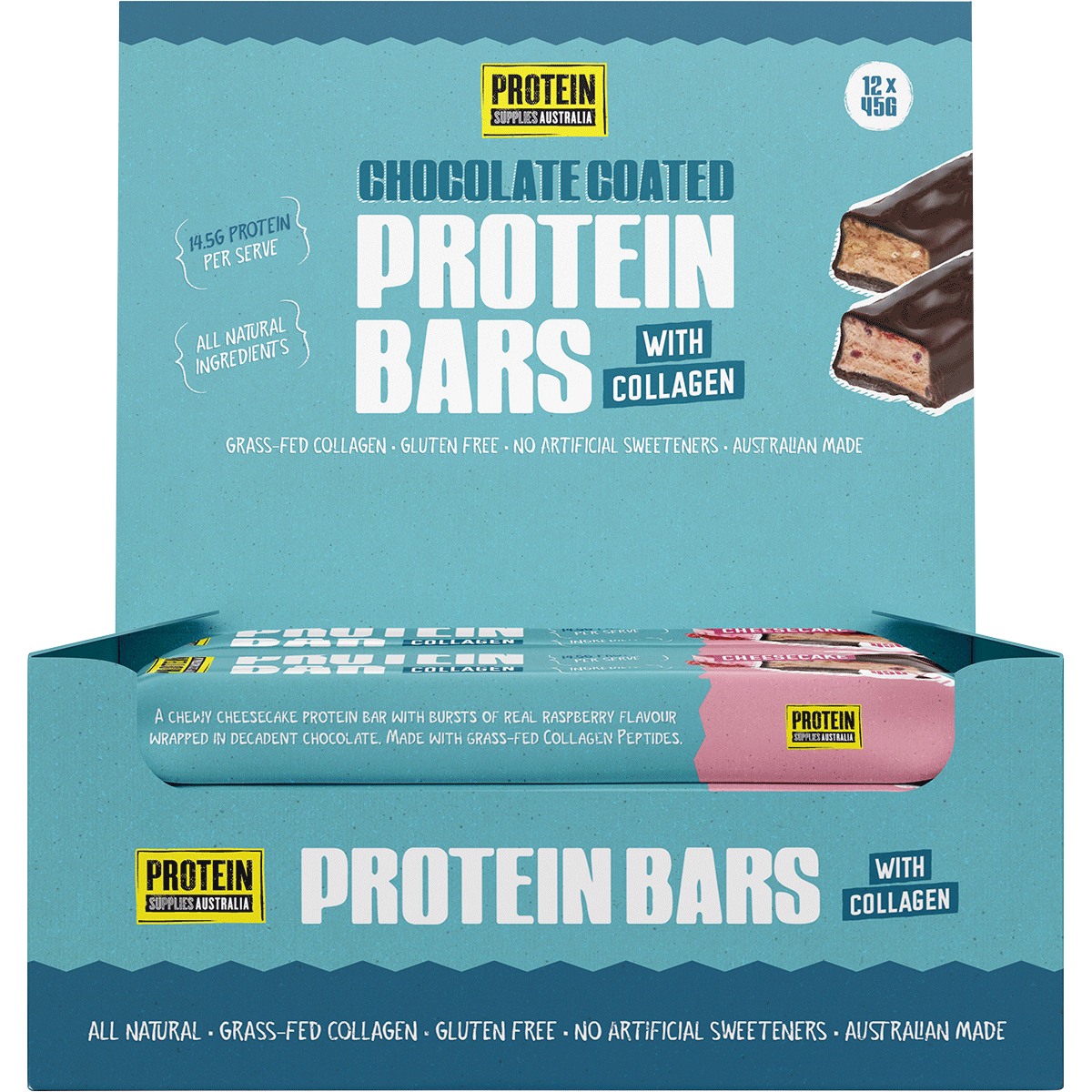 Retail display box for 12 Protein Supplies Australia Berry Cheesecake collagen protein bars on a white background.