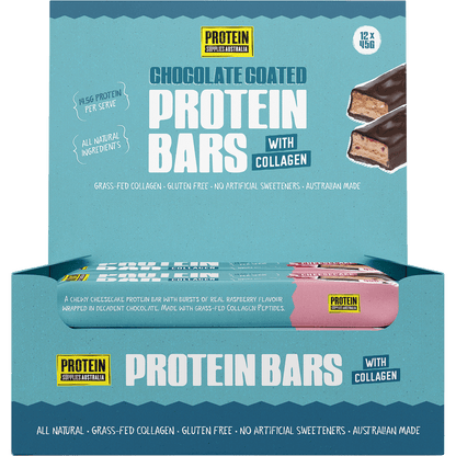 Retail display box for 12 Protein Supplies Australia Berry Cheesecake collagen protein bars on a white background.