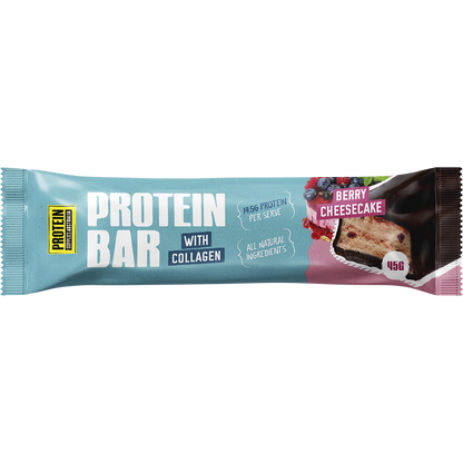 Wrapped 45g Protein Supplies Australia Berry Cheesecake collagen protein bar on a white background.