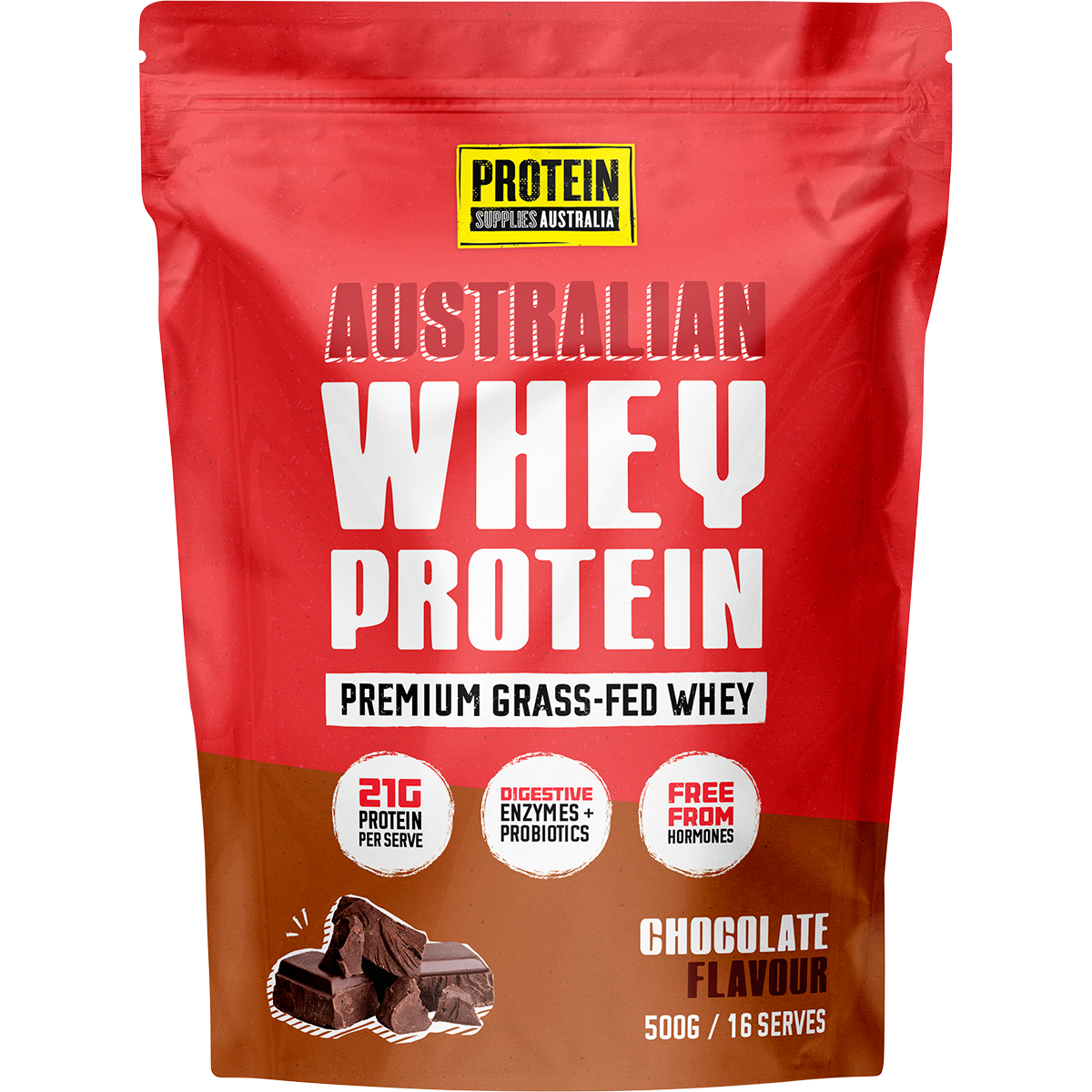 500g bag of Protein Supplies Australia Australian Whey Protein in Chocolate with a scoop and cocoa illustrations.