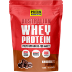 500g bag of Protein Supplies Australia Australian Whey Protein in Chocolate with a scoop and cocoa illustrations.