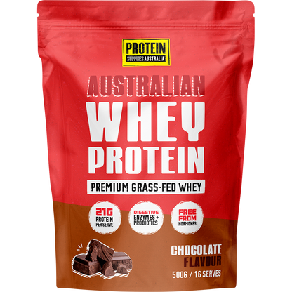 500g bag of Protein Supplies Australia Australian Whey Protein in Chocolate with a scoop and cocoa illustrations.