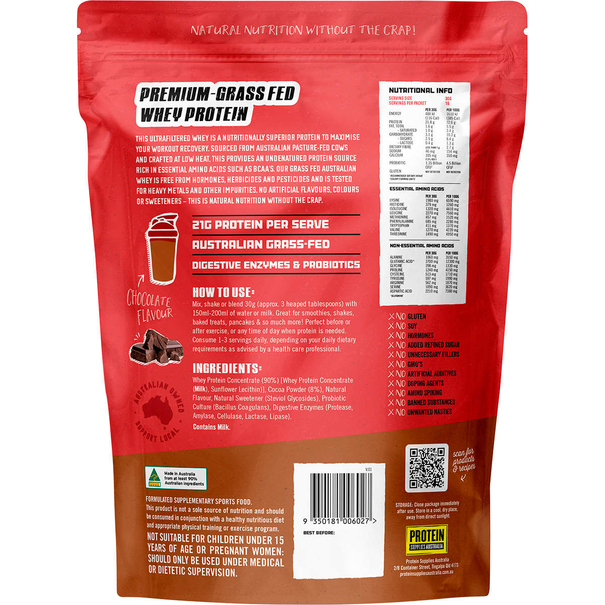 Back of a 500g bag of Protein Supplies Australian Whey Protein Chocolate showing nutritional info and ingredients.
