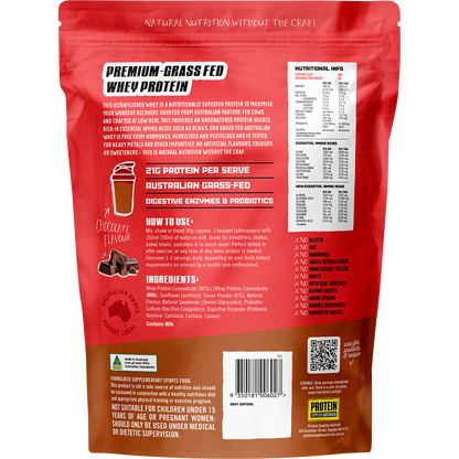 Back of a 500g bag of Protein Supplies Australian Whey Protein Chocolate showing nutritional info and ingredients.