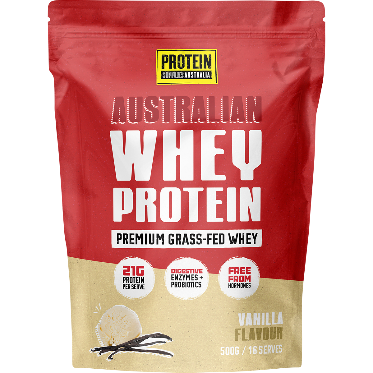 500g bag of Protein Supplies Australia Australian Whey Protein Vanilla with a vanilla bean illustration.