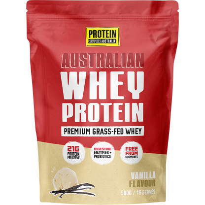 500g bag of Protein Supplies Australia Australian Whey Protein Vanilla with a vanilla bean illustration.