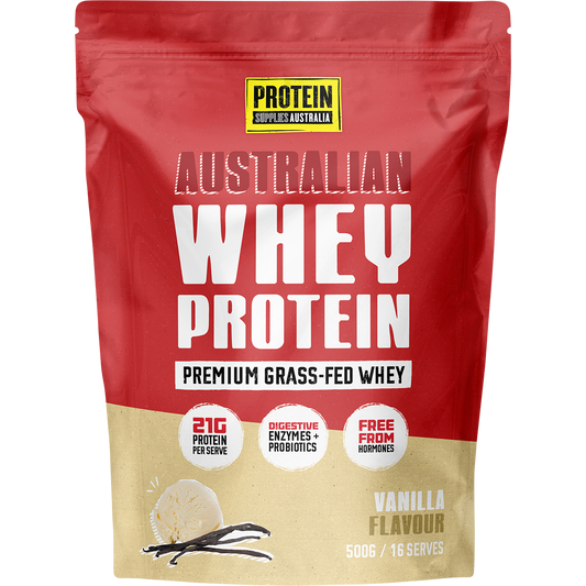 500g bag of Protein Supplies Australia Australian Whey Protein Vanilla with a vanilla bean illustration.
