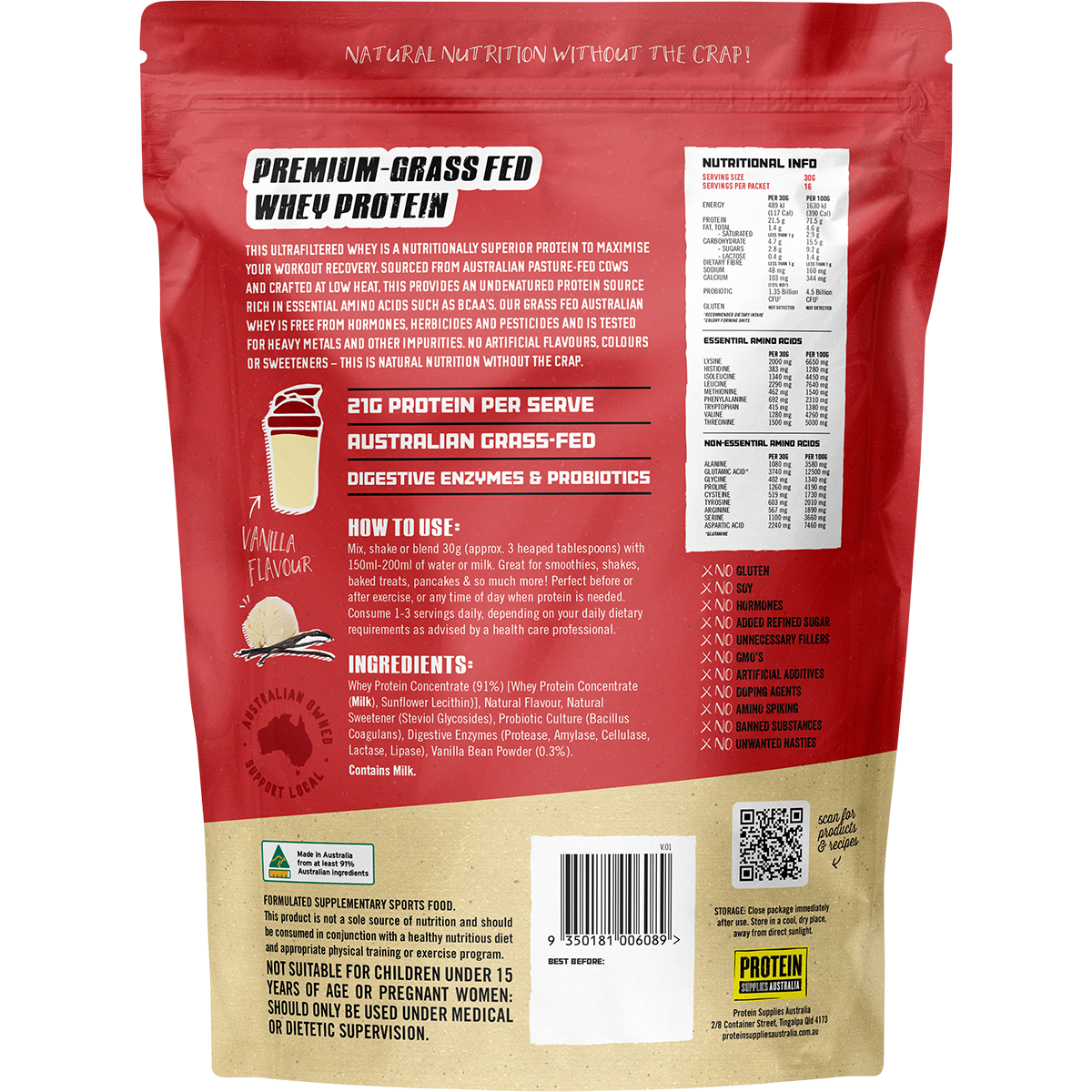 Back of a 500g bag of Protein Supplies Australia Vanilla Whey Protein showing nutritional facts and ingredients.