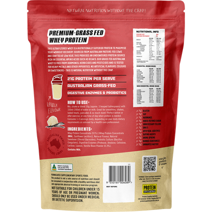 Back of a 500g bag of Protein Supplies Australia Vanilla Whey Protein showing nutritional facts and ingredients.