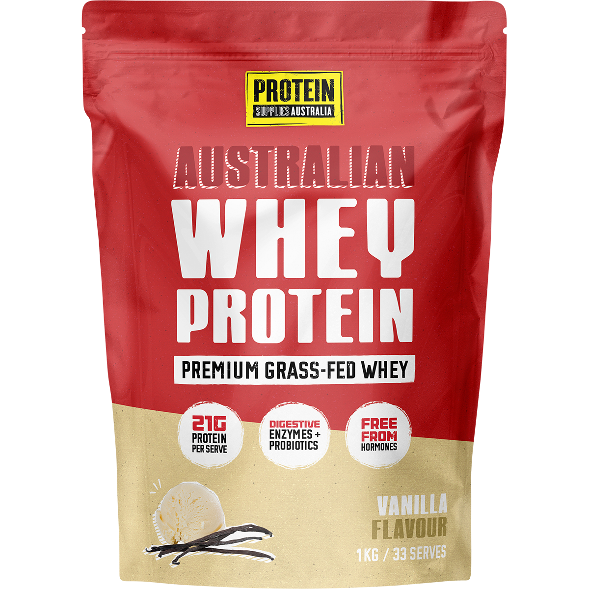 1kg tub of Protein Supplies Australia Australian Whey Protein Vanilla with a white label and vanilla bean illustrations.