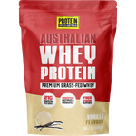 1kg tub of Protein Supplies Australia Australian Whey Protein Vanilla with a white label and vanilla bean illustrations.
