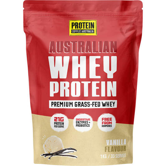 1kg tub of Protein Supplies Australia Australian Whey Protein Vanilla with a white label and vanilla bean illustrations.