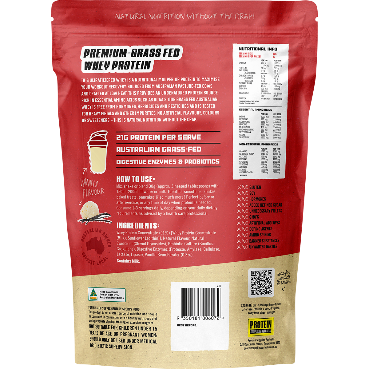 Back of 1kg Protein Supplies Australia Australian Whey Protein Vanilla tub showing nutritional info and ingredients.
