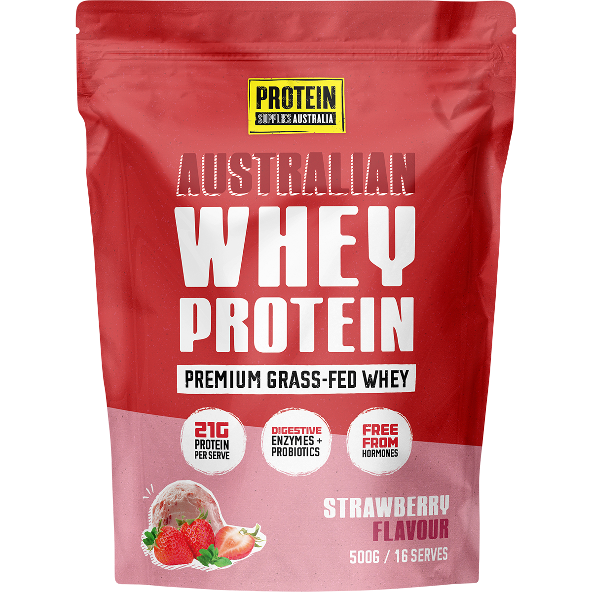 500g bag of Protein Supplies Australia strawberry whey protein powder with a scoop and strawberries on the label.