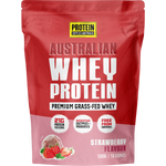 500g bag of Protein Supplies Australia strawberry whey protein powder with a scoop and strawberries on the label.
