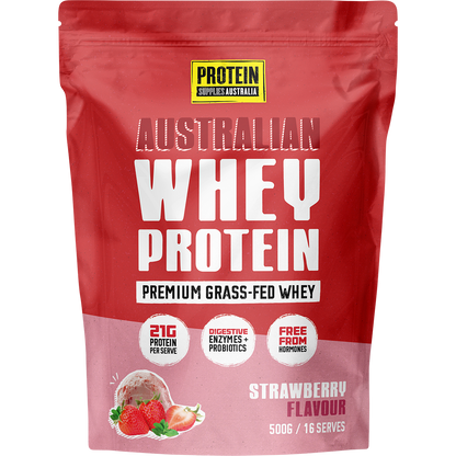 500g bag of Protein Supplies Australia strawberry whey protein powder with a scoop and strawberries on the label.