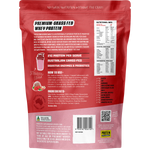 Back of a 500g bag of Protein Supplies Australia Strawberry Whey Protein with ingredients and nutritional info.