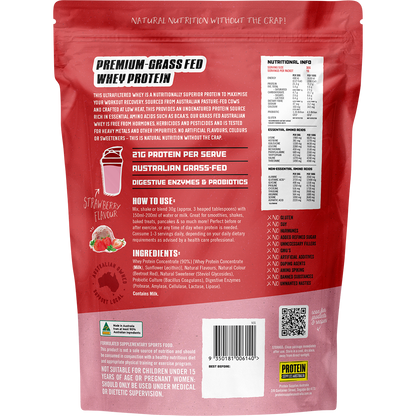 Back of a 500g bag of Protein Supplies Australia Strawberry Whey Protein with ingredients and nutritional info.