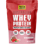 1kg pouch of Protein Supplies Australia Australian Whey Protein in Strawberry flavor on a white background.