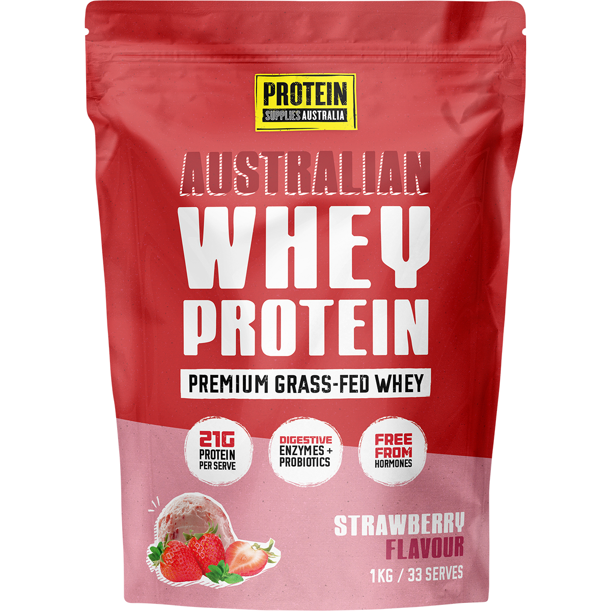 1kg pouch of Protein Supplies Australia Australian Whey Protein in Strawberry flavor on a white background.