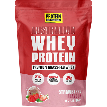 1kg pouch of Protein Supplies Australia Australian Whey Protein in Strawberry flavor on a white background.