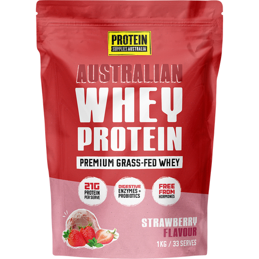 1kg pouch of Protein Supplies Australia Australian Whey Protein in Strawberry flavor on a white background.