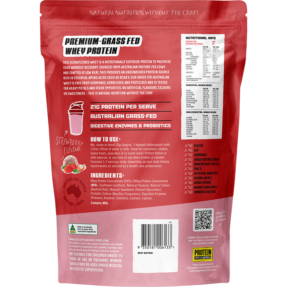 Back of a 1kg Strawberry Australian Whey Protein pouch showing nutritional information and ingredients.