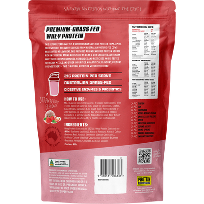 Back of a 1kg Strawberry Australian Whey Protein pouch showing nutritional information and ingredients.