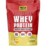 500g bag of Protein Supplies Australia Australian Whey Protein Banana with a yellow label and a bowl of banana slices.