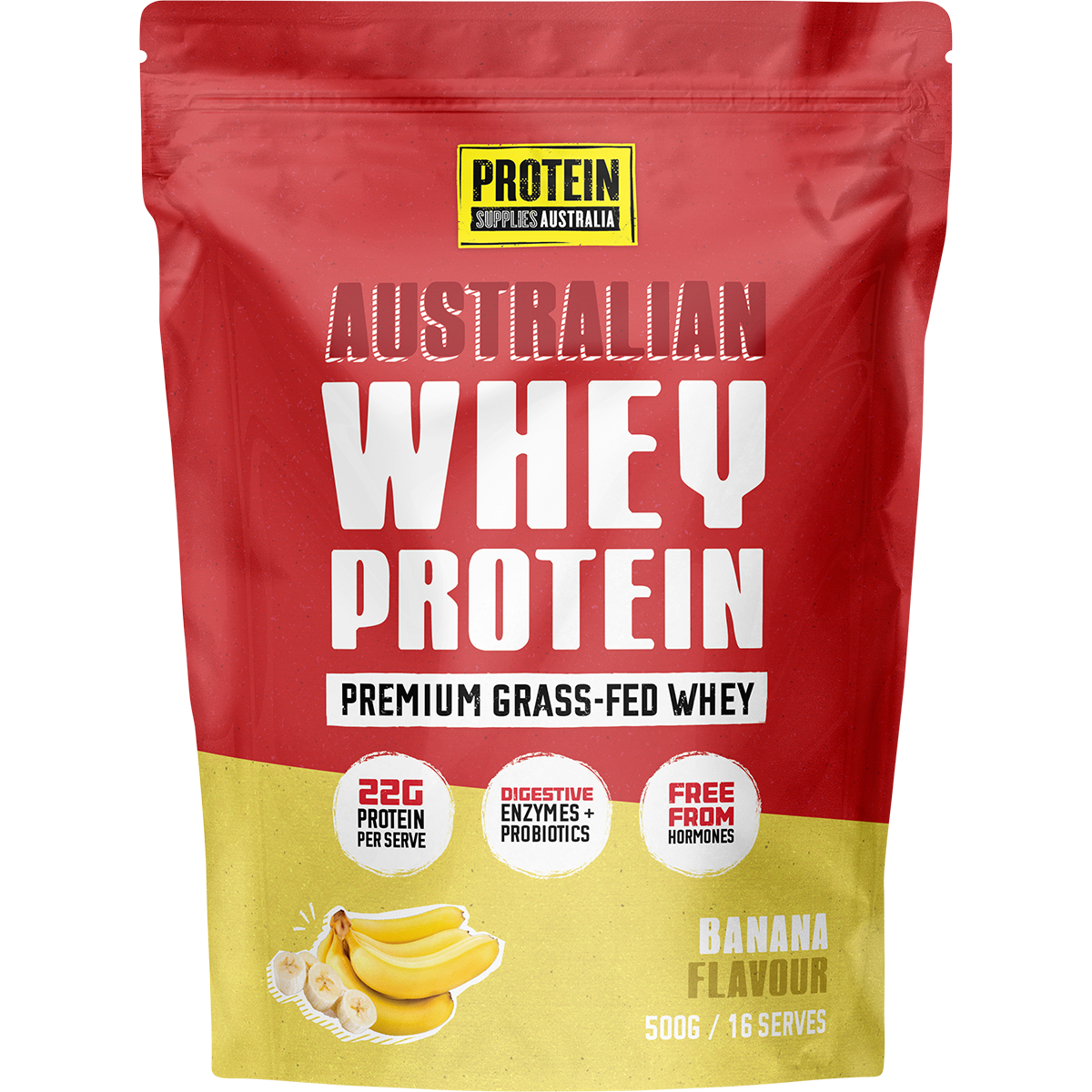 500g bag of Protein Supplies Australia Australian Whey Protein Banana with a yellow label and a bowl of banana slices.