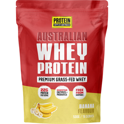 500g bag of Protein Supplies Australia Australian Whey Protein Banana with a yellow label and a bowl of banana slices.