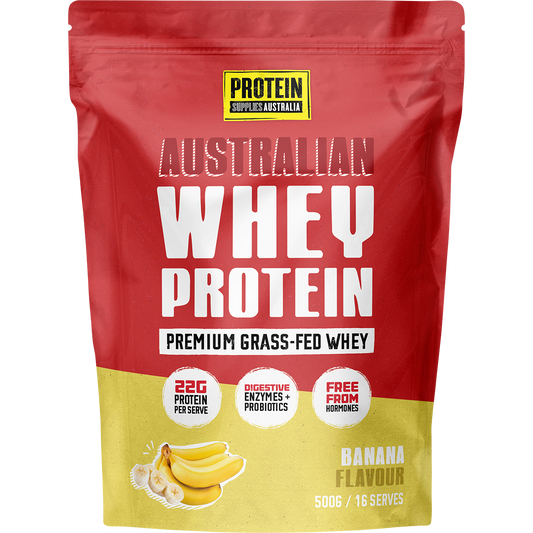 500g bag of Protein Supplies Australia Australian Whey Protein Banana with a yellow label and a bowl of banana slices.