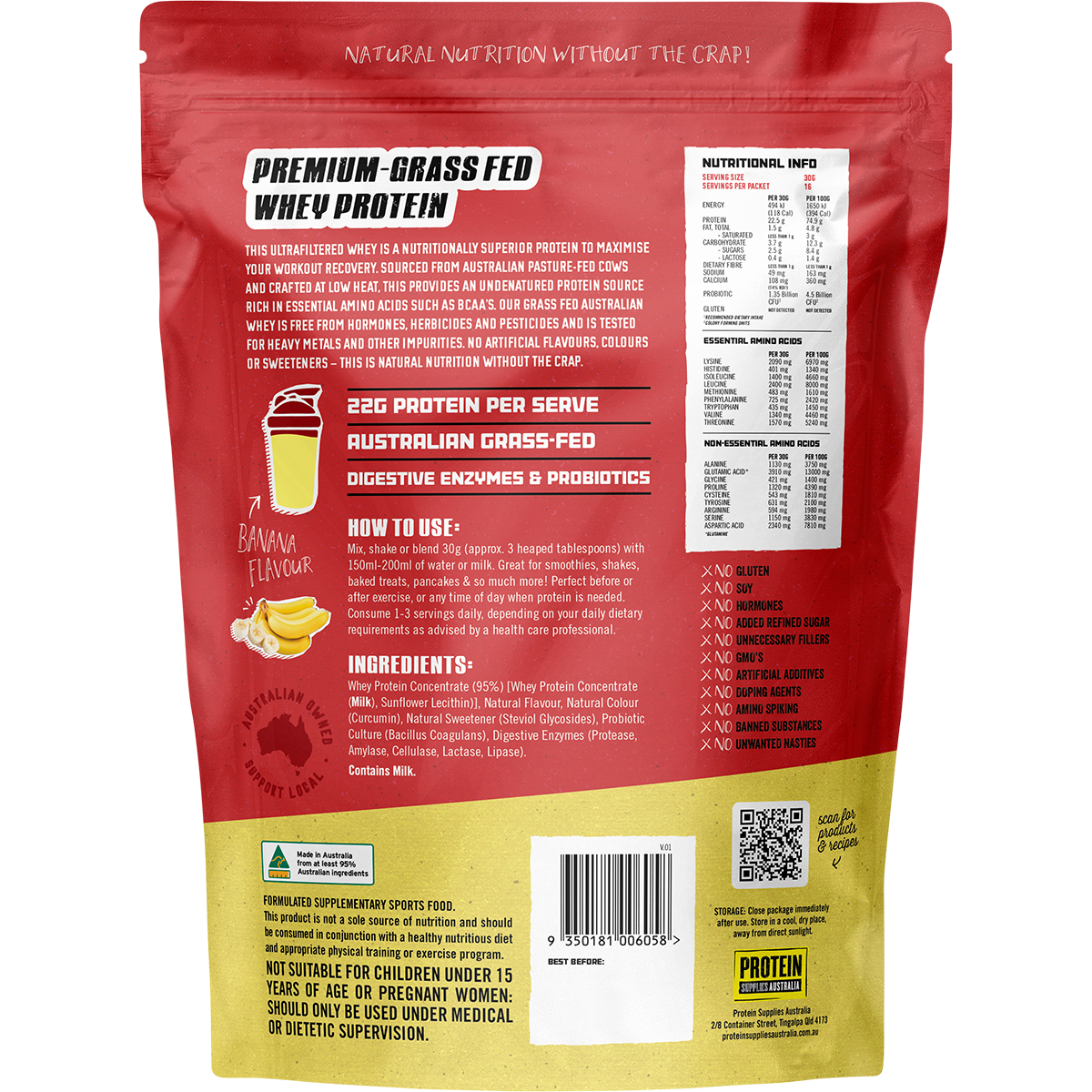 Back of Protein Supplies Australia Banana Whey Protein 500g bag with nutrition facts and ingredients.